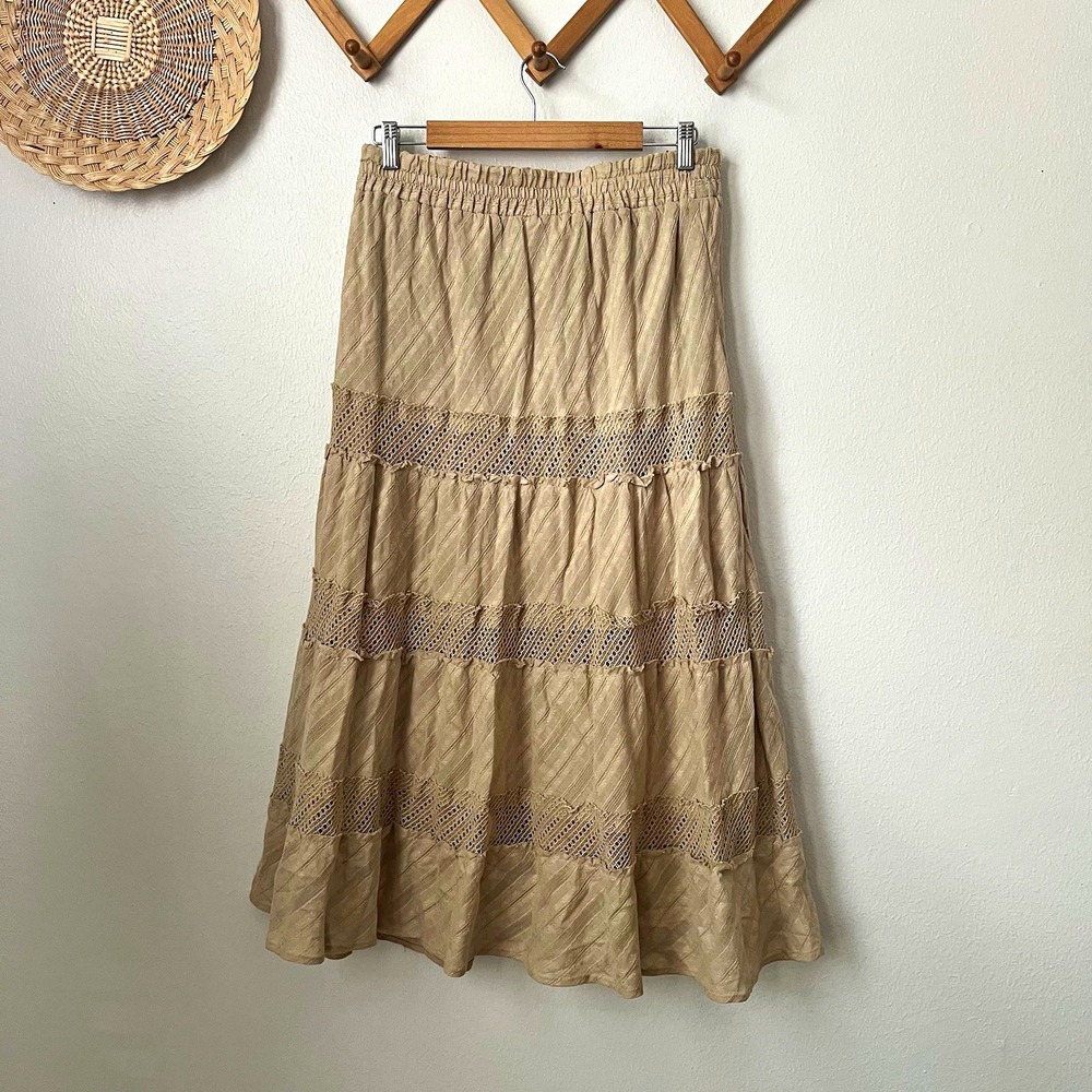 Krazy Kat Skirt Womens taupe M Cotton Tiered Lace Peasant Maxi Boho Prairie